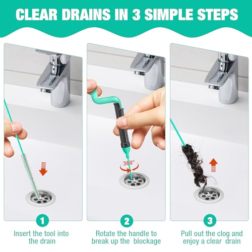 55inch Steel Core Drain Clog Remover Tool With Rotating Handle, Slim Snake Drain Hair Removal Tool For Narrow Pipes, Sinks, Showers, Toilets, Clears Hair, Blockages With Sink Drain Cleaner (5pcs)