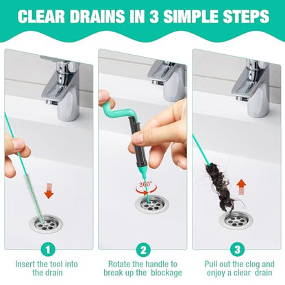 55inch Steel Core Drain Clog Remover Tool With Rotating Handle, Slim Snake Drain Hair Removal Tool For Narrow Pipes, Sinks, Showers, Toilets, Clears Hair, Blockages With Sink Drain Cleaner (5pcs)