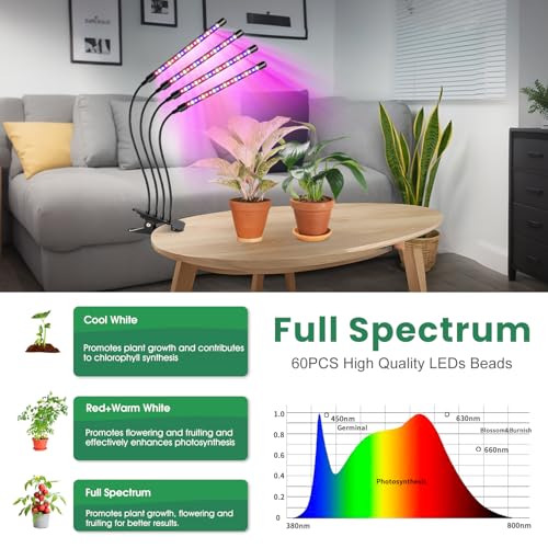 Grow Light, 4 Head Full Spectrum Plant Light with Clip, 2Pack | 6000K Plant Light, Timer 6/12/16Hrs, 3 Spectrums, 5 Dimmable Levels, Flexible Gooseneck - size: (2 Pack)4 Arms