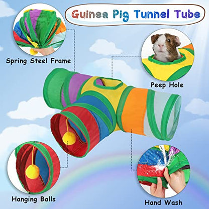 YUEPET Guinea Pig Tunnel, 3-Way Collapsible Play Tubes with Ball, Rainbow | Guinea Pig Tunnel Hideout, Guinea Pig Toys, Hanging Play Chewing Ball, Peekaboo Opening, Folds for Storage, 5.9 in Entrance - color: Rainbow
