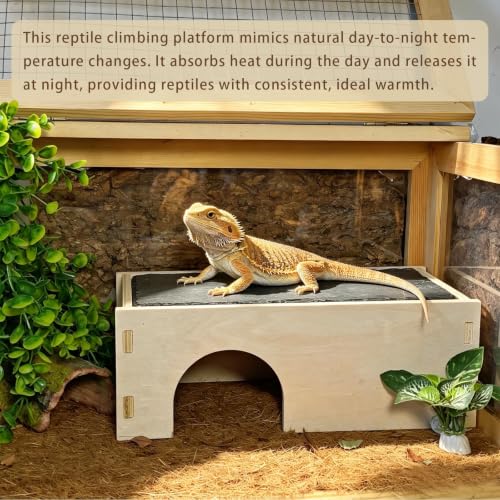 Bearded Dragon Basking Platform,Wooden Reptile Hides Cave with Basking Rock | Crested Gecko Hideout with Slate Rock Tank Accessories for Lizard Snake Tortoise