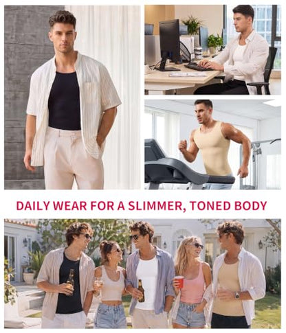 Gotoly Men's Compression Shirt Shapewear Slimming Body Shaper Vest | Man boobs slimming, double-layer tummy control, seamless round neck, invisible under fitted tees, 4-way stretch fabric - color: Black, size: Small