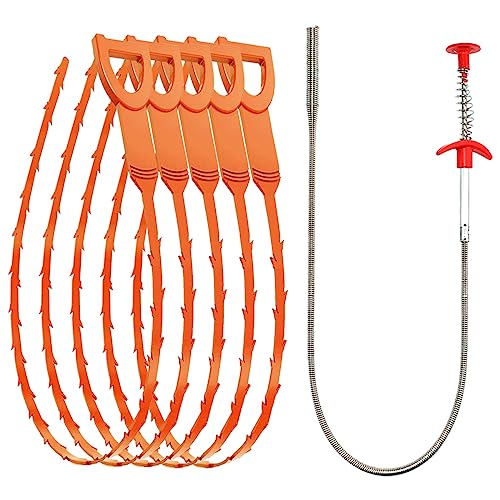 SDTC Tech 6-Pack Drain Snake Kit for Sewer Toilet Kitchen Sink Bathroom Tub | 6-Pack 24 Inch Snake Drain Cleaner and 20 Inch Hair Clog Remover Flexible Spring Pipeline Claw Hook Retriever - color: 5pcs 20inch+ 1pcs 24inch