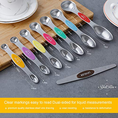 Magnetic Measuring Spoons Set Stainless Steel Dual Sided Measuring Spoons | Stackable Teaspoons Tablespoons for Measuring Dry and Liquid Ingredients - color: Color