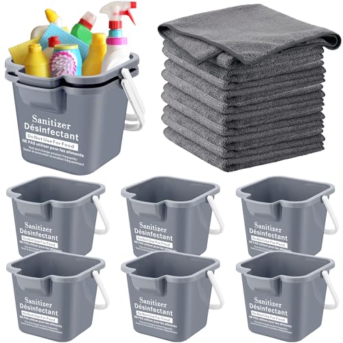 Vesici 6 Sets 3 Quart Cleaning Bucket with Microfiber Cleaning Cloths Small Sanitizing Square Bucket Detergent Plastic Utility Pail with Handle for Household Restaurant Office School Use (Gray) - color: Gray