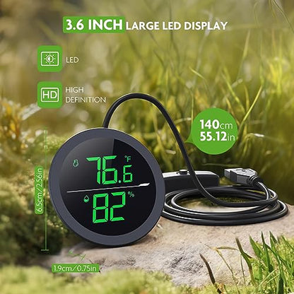 PAIZOO Real-time Display LED Digital Reptile Thermometer and Humidity Gauge | Always on Display, Button Control, Temperature Accuracy ±1 ℉ Thermometer for Reptile Tank with 55.2" Cable USB Power Supply