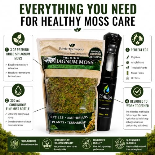 Moss Care Kit Heat-Treated Dried Sphagnum Moss (3 oz) & 300 mL Continuous Fine Mist Bottle for Vivariums, Reptiles and Tropical Plants