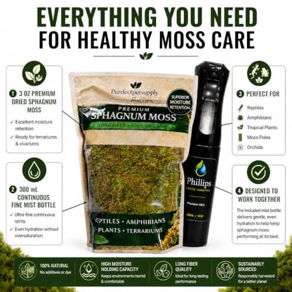 Moss Care Kit Heat-Treated Dried Sphagnum Moss (3 oz) & 300 mL Continuous Fine Mist Bottle for Vivariums, Reptiles and Tropical Plants