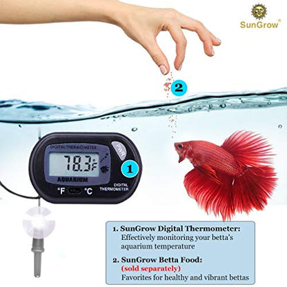 SunGrow Digital Betta Thermometer for Tropical Aquarium Fish, Black Color, 4 Suction Cups and 2 Batteries Included, 2 pcs per Pack - style: 2 Pack