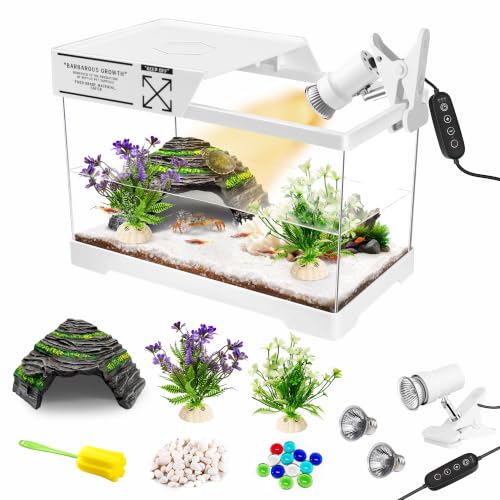 GOZILLA Mini Turtle Tank Kit with Adjustable Lamp, Upgrade PC Hermit Crab Tank, Small Turtle Starter Kit with Lid, Resin Hideout for Baby Turtles and Crabs (11.8×7.24×7.1''/White Kit) - color: White-Hill