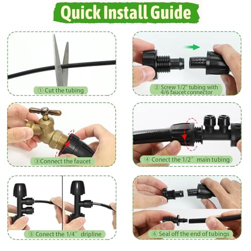 MIXC 1/4" Irrigation Dripline Tubing Kit (100 Ft) with 10Ft 1/2" Main Line | Saving 80% Water, 6" Emitter Spacing, Built-in 0.5GPH Drippers, 1/4" Push-to-Connect Fittings, for Raised Bed Garden Rows