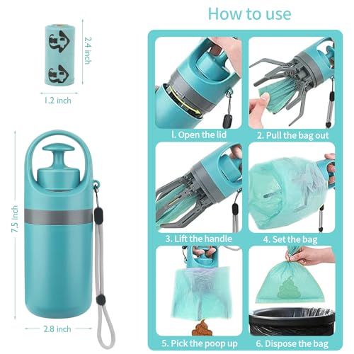 Dog Pooper Scooper, Portable No Touch Poop Scooper for Small Medium Large Dogs, Dog Waste Pick-up Cleaner with 15PCS Bag Attachment and Leak-Proof Waste Storage Container