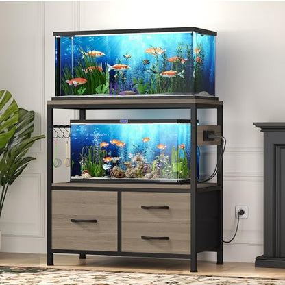 Heybly 20-29 Gal Fish Tank Stand with Drawer, Power Outlet,330lbs HAS001SG | Aquarium Stand,Heavy Duty Metal Frame for Fish Tank, Turtle & Reptile Terrarium, 31.5" x 15.7" Top, Rustic Gray - color: Greige, size: 20-29 gal