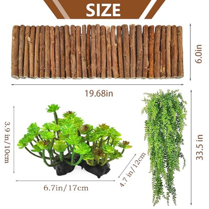 3 PCS Bearded Dragon Tank Accessories, Reptile Hideout Wooden Bridge Hanging Plant Artificial Succulent Plants Terrarium Decor Hiding Climbing for Chameleon Gecko Lizard Snakes Frog