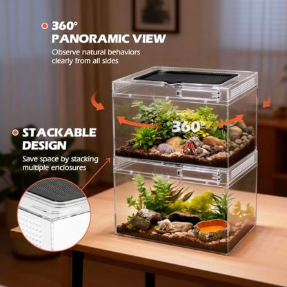 AZV Reptile Tank Starter Kit,8 Piece Escape Proof Hermit Crab Cage Small | All In One Lizard Terrarium,Multi-Vent Compatible Gecko Habitat,Clear PC Material Frog Enclosure,Easy-Clean Waterproof Base - size: Small(12*9*7IN)