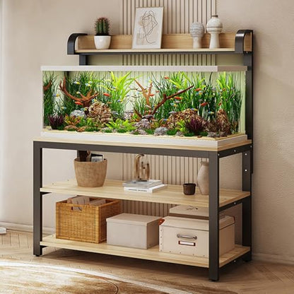 Adjustable Height Metal Aquarium Stand with Storage Shelf - Open Design, Perfect for Home & Office, Durable and Stylish Fish Tank Holder, Space-Saving Solution,Black+natural,100x40x144cm - size: 100x40x144cm