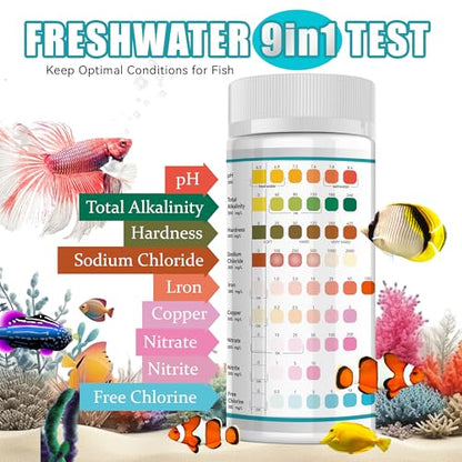 Aquarium Test Strips, 9 in 1 Fish Tank Test Kit for Freshwater Ponds, 150 ct | Accurate Aquarium Water Testing Iron Copper Sodium Chlorine Nitrate Nitrite Total Alkalinity Hardness Free Chlorine pH - color: 9 IN 1 aquarium test strips