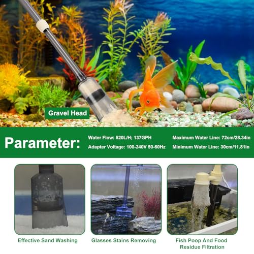 Aquarium Gravel Cleaner Kit, Electric Fish Tank Cleaning Tools with Strong Suction, Multifunction Automatic Aquarium Vacuum Cleaner for Wash Sand, Water Changing (Adjustable Length)
