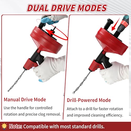 Drain Snake 35 Ft with Drill Attachment, Auto Feed 1/4 Inch Plumbing Snake for Sink, Shower & Tub Clogs, Manual or Drill-Powered Drain Auger, with Gloves, Safety Glasses & Storage Bag - color: 35FT