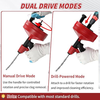 Drain Snake 35 Ft with Drill Attachment, Auto Feed 1/4 Inch Plumbing Snake for Sink, Shower & Tub Clogs, Manual or Drill-Powered Drain Auger, with Gloves, Safety Glasses & Storage Bag - color: 35FT