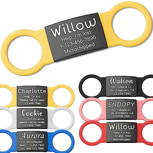 Slide On Silent Pet ID Tags, S/M/L/XL Personalized Black Stainless Steel Colored Silicone Cat Dog Name Tag, Customized Engraved Nameplate, Quiet Chew-Proof Pet Collar Tag (Yellow, Small) - color: Yellow, size: Small