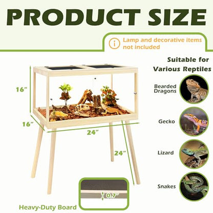 Bearded Dragon Tank with Leg Stand 22 Gallons, Wooden Lizard Tank,Reptile Tank with Metal Mesh Roof Door, Acrylic Panel Snake Tank with Lock Design (Oak, 24"x16"x16") - color: Oak, size: 24"x16"x16"