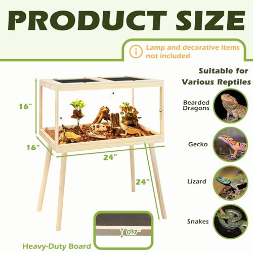 Bearded Dragon Tank with Leg Stand 22 Gallons, Wooden Lizard Tank,Reptile Tank with Metal Mesh Roof Door, Acrylic Panel Snake Tank with Lock Design (Oak, 24"x16"x16") - color: Oak, size: 24"x16"x16"