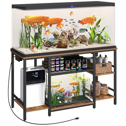 MAHANCRIS 55-75 Gallon Fish Tank Stand with Power Outlet, 3-Tier Metal Frame Aquarium Stand, Heavy Duty Reptile Terrarium Tank Stand, 52.0"L x 19.7"W x 29.9"H, 800 LBS Capacity, Rustic Brown FTHR55E01 - color: Rustic Brown