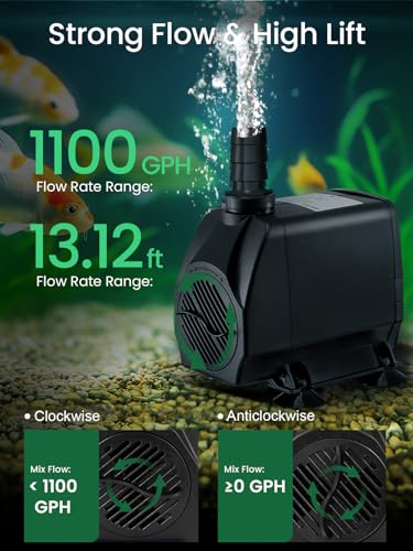 GROWNEER 1100GPH Submersible Pump 90W Fountain Water Pump 4100L/H, with 13ft High Lift, 4 Nozzles for Aquarium, Fish Tank, Pond, Hydroponics, Statuary, Garden, Black(1100GPH) - size: 1100GPH