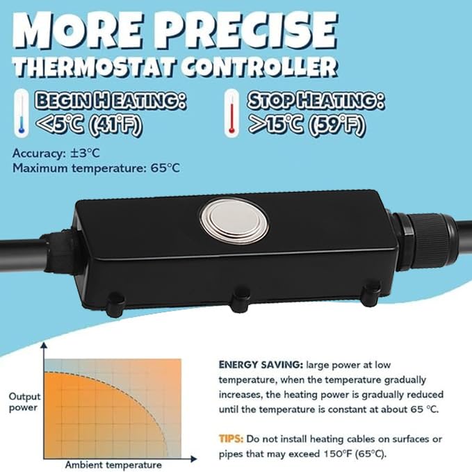 3~100FT Heat Tape for Water Pipes, UL & ETL Certified 45 FT Self-Regulating Pipe Heating Cable with Thermostat for Pipe Freeze Protection, Waterproof Heat Tape for Metal and Plastic Pipes,Black(1pcs) - color: Black, style: 45 FT