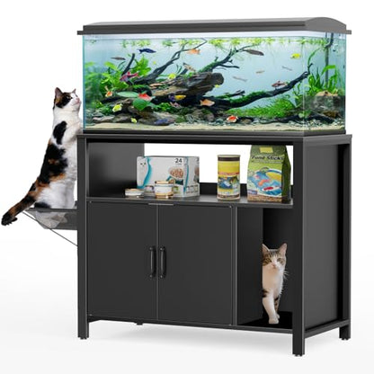 GDLF 40-50 Gallon Fish Tank Stand with Hidden Cat Litter Box Cabinet | Dual-purpose pet furniture combines aquarium support, hidden litter box storage, and a cat perch for a cleaner home setup
