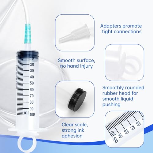 100cc Plastic Syringe - Large Syringe for Liquid with 40" Tubing, Syringes for Liquid, 4 Pack - size: 100ml