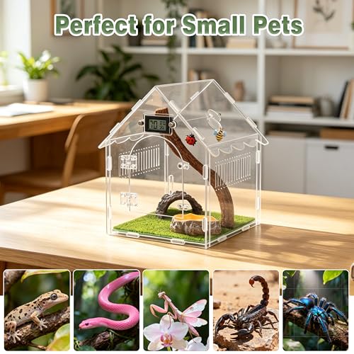 9-in-1 Acoustic Jumping Spider Enclosure Kit, 8"x8"x12" Magnetic Door with Feeding Hole Terrarium for Praying Mantis Tarantula Arboreal Reptile Habitat, Complete Accessories Set