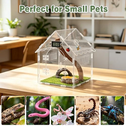 9-in-1 Acoustic Jumping Spider Enclosure Kit, 8"x8"x12" Magnetic Door with Feeding Hole Terrarium for Praying Mantis Tarantula Arboreal Reptile Habitat, Complete Accessories Set