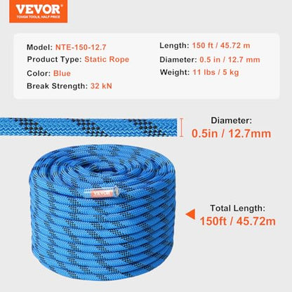 VEVOR 12.7mm Static Climbing Rope, 45.7M(150ft) Outdoor Rock Climbing Rope 30KN Breaking Tension, Fiber Rope for Escape, Rappelling, Fire Rescue, Blue - size: 150ft
