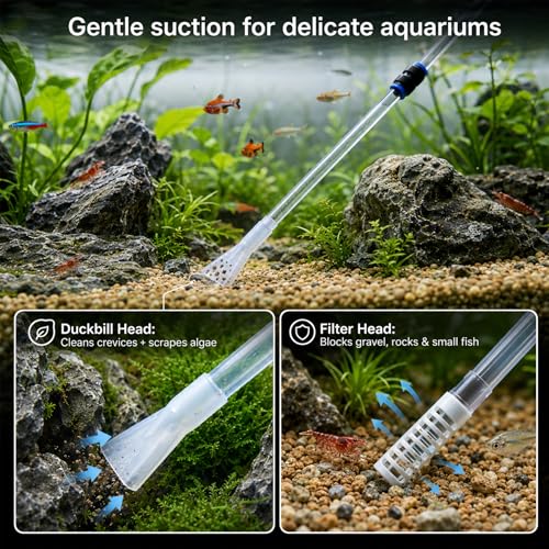 Aquarium Siphon Vacuum,Manual Water Changer Gravel Cleaner | with Duckbill Nozzle and Filter Head,Suitable for 5-10 Gallon Fish Tanks,Betta, Shrimp, Nano and Turtle Tanks