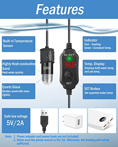AquaMiracle Mini Aquarium Heater 5V/2A USB 10W Small Fish Tank Heater for Tanks up to 1 Gal, Digital Display Thermostat Betta Heater with Dry-Run & Overheat Protection, Memory Function - size: ≤ 1 Gal Tanks