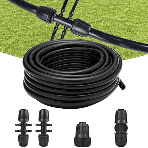 50FT 1/2 Inch Drip Irrigation Tubing Main Line Hose Tube, Drip Line Irrigation System Includes 2pcs 6-Way Connector & 1/2" Straight Connector & 3/4" to 1/2" Faucet Adapter for Garden Watering - color: Black-50FT
