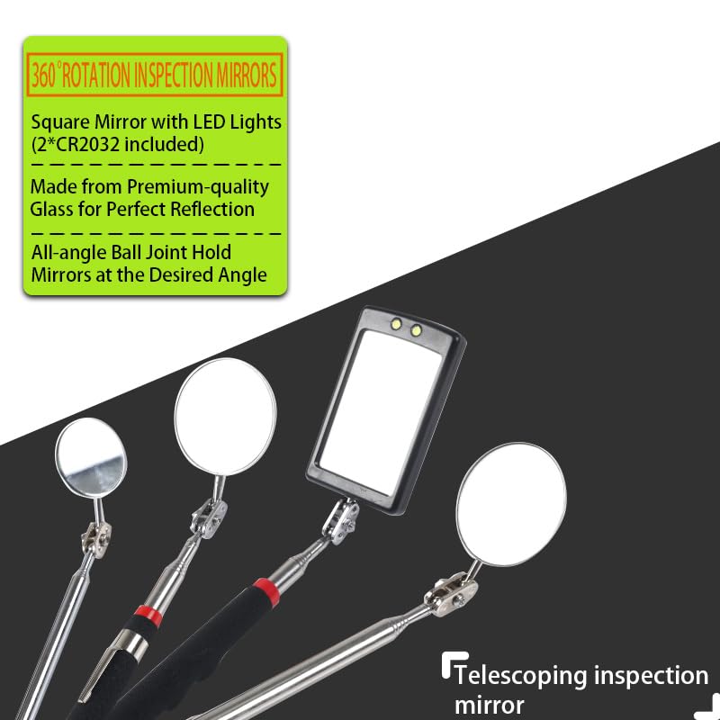 6Pcs Telescoping Magnetic Pickup Tool Set with LED Lights | 4Pcs Round and Square Inspection Mirror Telescoping, 2Pcs Magnet Stick Best Gadgets Gifts for Men - size: 6