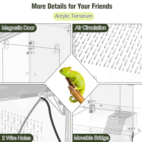 12x12x16 Acrylic Reptile Terrarium, Large Reptile Enclosure with Watertight Bottom, 10 Gallon Clear Reptile Tank with Front Opening Doors, High Ventilation Habitat Breeding Cage for Turtle Gecko Frog