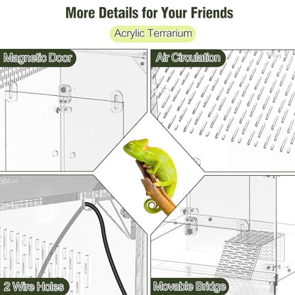 12x12x16 Acrylic Reptile Terrarium, Large Reptile Enclosure with Watertight Bottom, 10 Gallon Clear Reptile Tank with Front Opening Doors, High Ventilation Habitat Breeding Cage for Turtle Gecko Frog