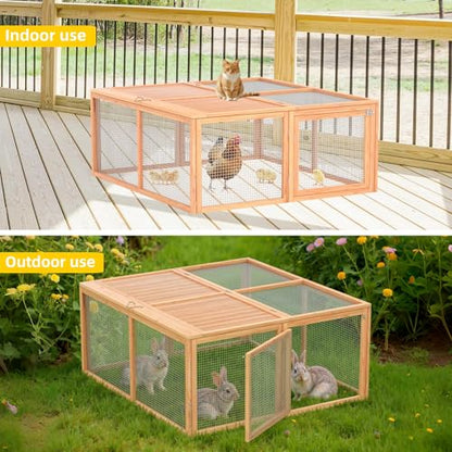 Chicken Coop Run Rabbit Cage No Assembly Portable Chicken Run Bunny House with Top & Side Opening Doors,Outdoor Small Animal Playpen Wooden Chicken Brooder Box Guinea Pig Cage 45"x 42"x 20" - color: Wood