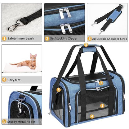 Soft-Sided Cat/Dog/Pet Carrier, Collapsible Pets Travel Carriers | For Big Cats/Small Dogs with Shoulder Strap & Removable Mat, Mesh Puppy Carry Bag, Up to 25 Lbs, TSA Airline Approved (Blue) - color: BLUE, size: 20"L x 13"W x 13"H
