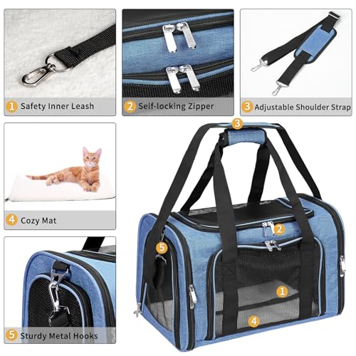 Soft-Sided Cat/Dog/Pet Carrier, Collapsible Pets Travel Carriers | for Big Cats/Small Dogs with Shoulder Strap & Removable Mat, Mesh Puppy Carry Bag, Up to 16 Lbs, TSA Airline Approved(Blue) - color: BLUE, size: 17"L x 11"W x 11"H