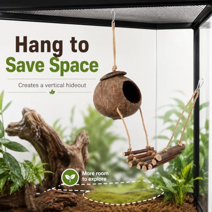 Hanging Coconut Hide for Crested Hide Hut with Climbing Ladder, Natural Shell Cave Hideout for Leopard Reptiles