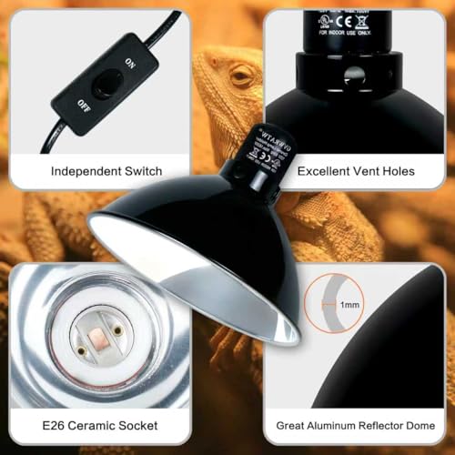 8.5-inch Standard Lamp Dome for Reptile Heating Lamps, Ceramic Heat Emitters, Max 200W for Bearded Dragons, Turtles, Snakes and Lizards, E26 Base