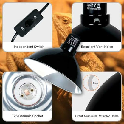 8.5-inch Standard Lamp Dome for Reptile Heating Lamps, Ceramic Heat Emitters, Max 200W for Bearded Dragons, Turtles, Snakes and Lizards, E26 Base
