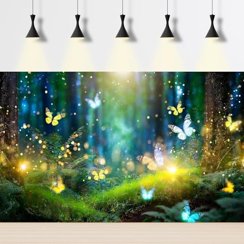 Fairy Forest Aquarium Background Magic Light Flying Butterflies Fish Tank Background Serene Bokeh Green Plants Moss Terrarium Backgrounds Misty Foggy Night Woodland Reptile Tank Backgrounds 24x12in - color: Bright Green, size: 24(W)x12(H)in