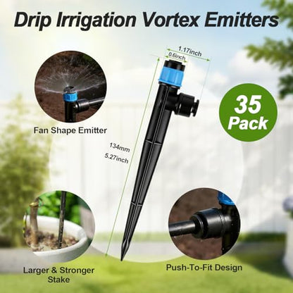 RedChili 35 Pieces Push to Fit Drip Vortex Emitters for 1/4" Drip Irrigation Tubing, Adjustable 360 Degree Vortex Drip Emitters with Stake Full Circle Umbrella Shape Pattern Garden Irrigation Drippers - size: 35P VortexEmitter(Push)