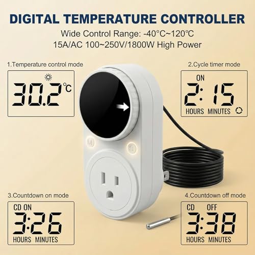 MakerHawk Digital Temperature Controller Thermostat Controller 1800W 120V 15A Rotary Knob Button Adjustment Heating Cooling Control with Sensor for Reptile Incubator Greenhouse Swimming Pool (TC801) - style: TC801